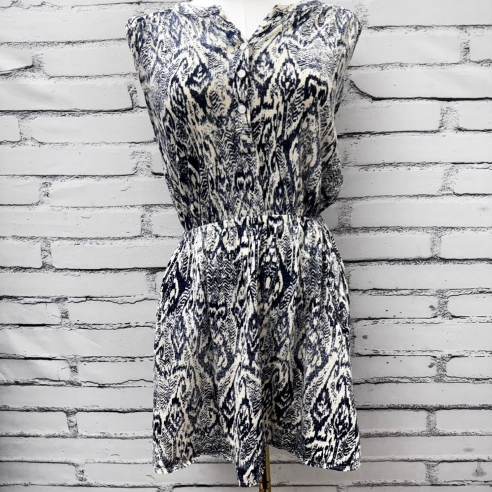 Lucky Brand Blue White Ikat Batik Henley Sleeveless Mini Dress Small